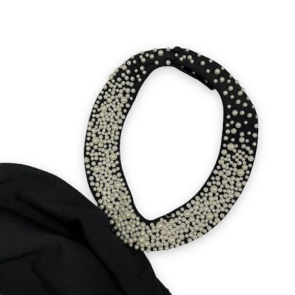 Karl Lagerfield Black Mini Dress with Beaded Pearl Necklace Collar Plus - Picture 3 of 9